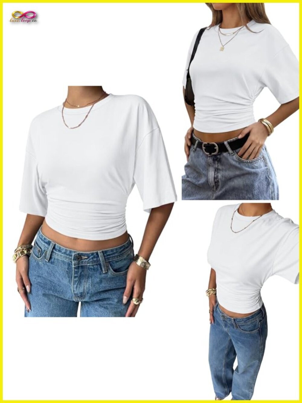 Crop Top Batwing Short Sleeve Ruched Waist Slim Fitted Basic Tee T-Shirt